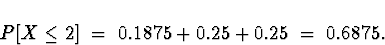 \begin{displaymath}
P[ X \le 2 ] \; = \; 0.1875 + 0.25 + 0.25 \; = \; 0.6875 .\end{displaymath}