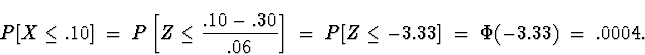 \begin{displaymath}
P[ X \le .10] \; = \; 
P \left[ Z \le \frac{.10 - .30}{.06} ...
 ...]
 \; = \; P[ Z \le -3.33 ] \; = \; 
\Phi(-3.33) \; = \; .0004.\end{displaymath}