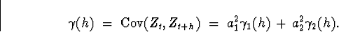\begin{displaymath}
\gamma (h) \; = \; \mbox{Cov} (Z_t , Z_{t+h}) \; = \; 
a_1^2 \gamma_1 (h) \, + \, a_2^2 \gamma_2 (h) .

\end{displaymath}