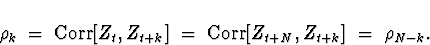\begin{displaymath}
\rho_k \; = \; \mbox{Corr} [Z_{t},Z_{t+k}] \; = \; 
 \mbox{Corr} [Z_{t+N},Z_{t+k}] \; = \; \rho_{N-k} .\end{displaymath}