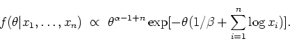\begin{displaymath}
f(\theta\vert x_1,\ldots,x_n) \; \propto \;
\theta^{\alpha-1+n} \exp[-\theta(1/\beta + \sum_{i=1}^n \log x_i) ] .
\end{displaymath}