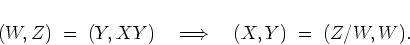 \begin{displaymath}
(W,Z) \; = \; (Y,XY) \quad \Longrightarrow \quad (X,Y) \; = \; (Z/W,W) .
\end{displaymath}